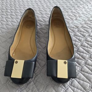 Tory Burch Chase Dark Navy Black Flats with Gold Accent
